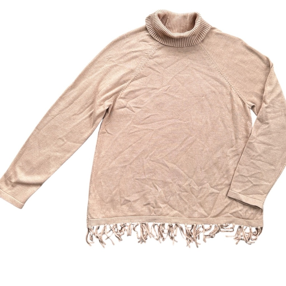 Rafaella Turtleneck Sweater Women M Tan Beige Excellent Fringe Tassel Boho Knit